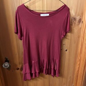 LOFT Burgundy Ruffle Hem Short Sleeve Tee